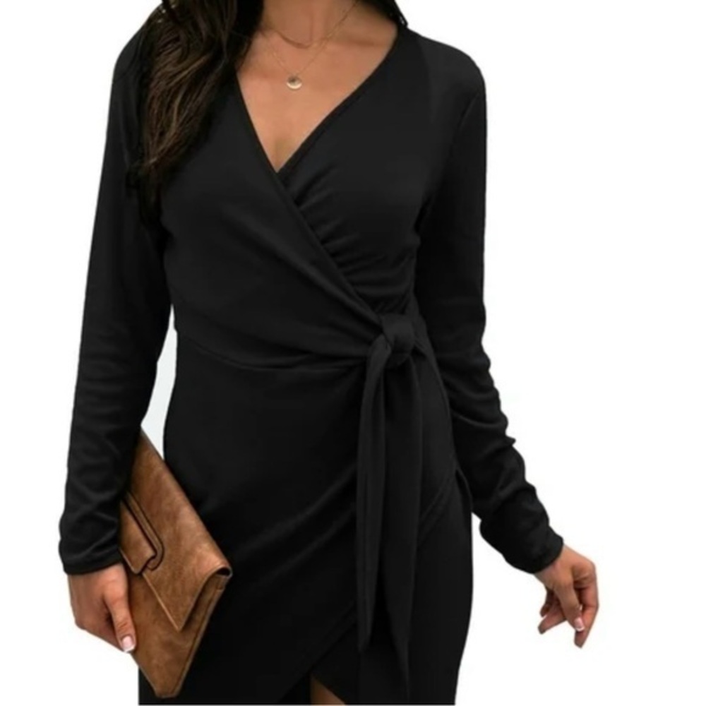 Chic Black Long Sleeve Wrap Dress Size M